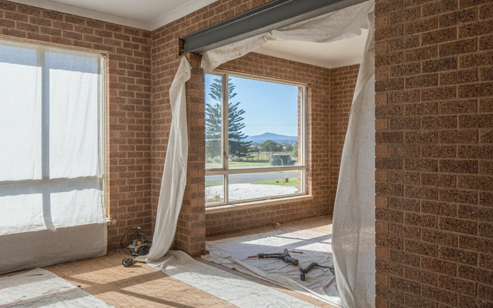 Internal brick wall between a kitchen and lounge in a Perth home, marked out for removal