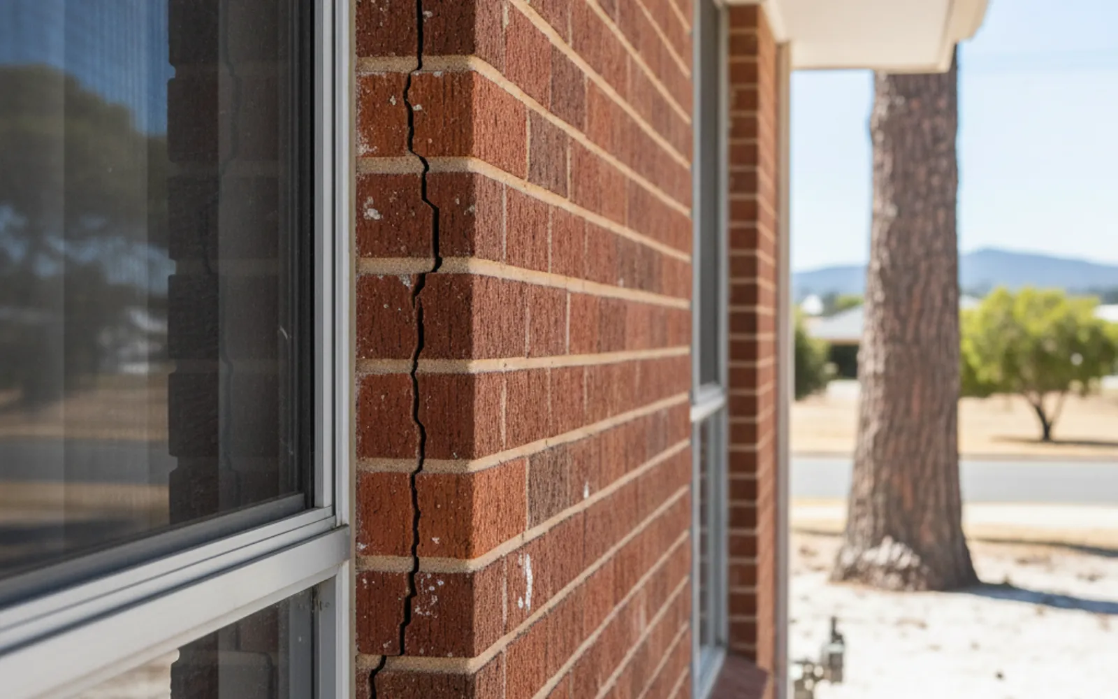 Diagonal crack running from the corner of a window in a rendered Perth wall