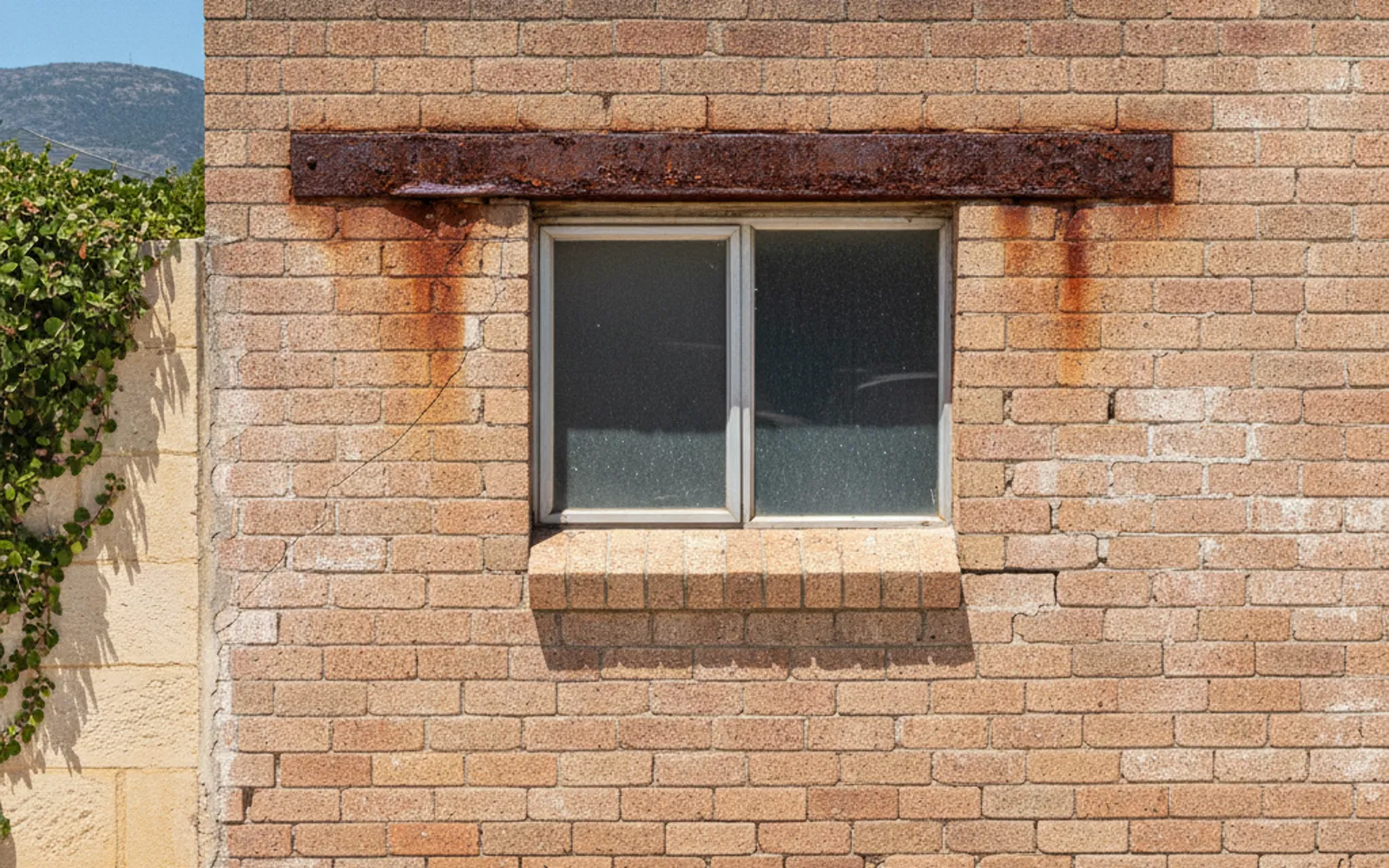 Cracked brickwork above a window where a steel lintel has rusted